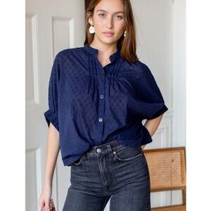 Emerson Fry Mandarin Collar Swiss Dot Blouse - Navy Blue, One Size